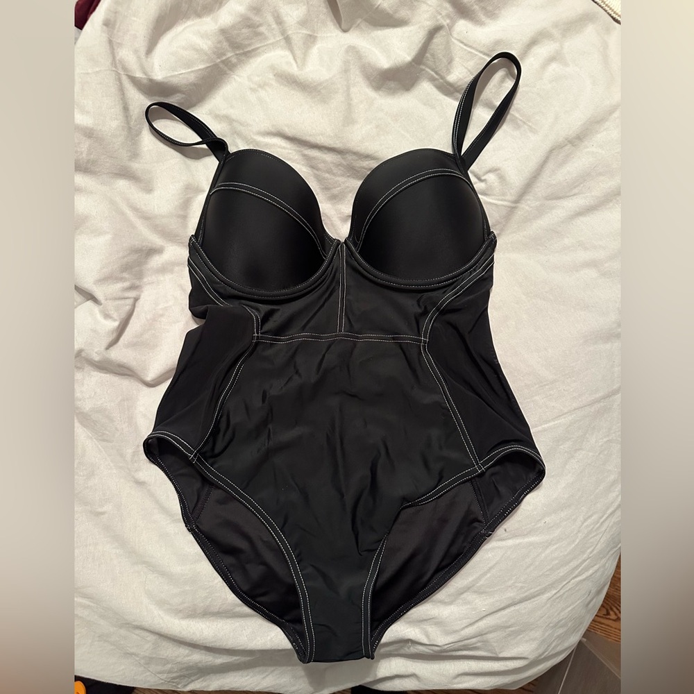 Ivory contrast stitched back plus size one piece swimsuit